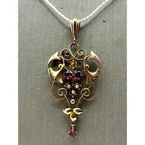 10K Yellow Gold Art Nouveau Lavalier Pendant, Seed Pearls & Pink Stones (17723)